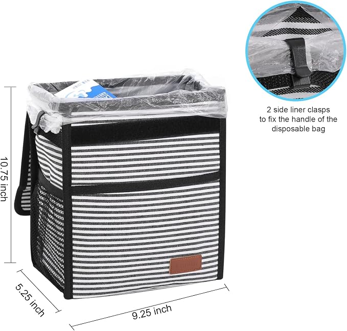 Femuar Car Trash Can with Lid - Leak Proof, Waterproof, Multipurpose Car Hanging for Headrest, Collapsible, Portable with Storage Mesh Pocket, Stripe