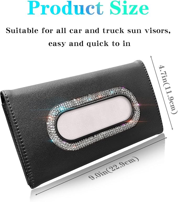 Bling Car Visor Tissue Holder, Diamond Mask Holder, PU Leather Tissue Box Holder, Wipes Case, Sun Visor Napkin Holder (Black)