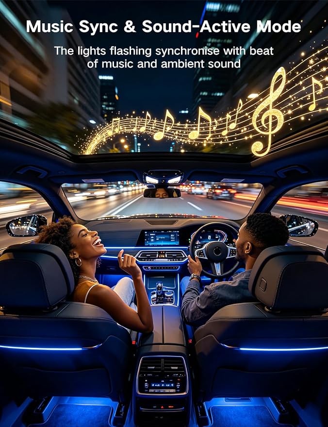 YUGUANG 4Pcs Car Interior Lights, USB LED Lights for Car with App Control Multicolor Music Sync DIY Light Mode, RGB Car Inside Ambient Lighting Kit