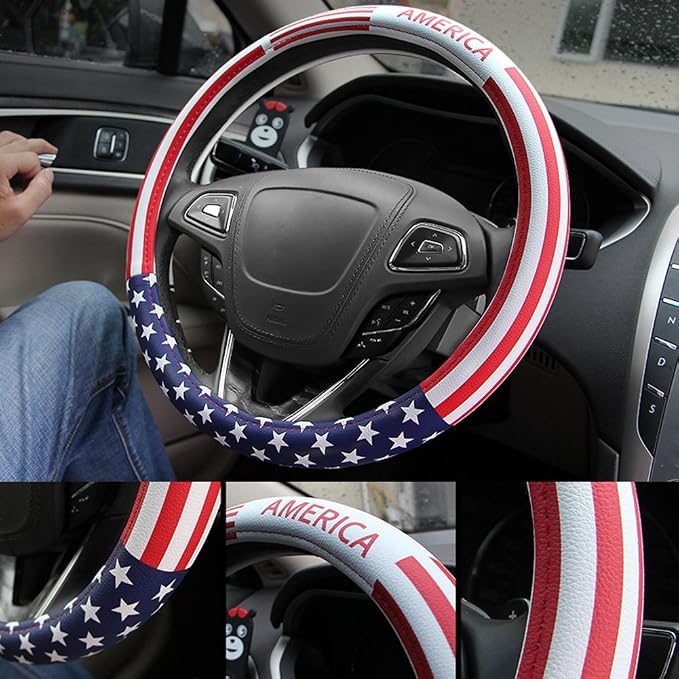 Dotesy Leather Auto Steering Wheel Cover, Fashion Flag Style Car Steering Wheel Cover Protector Universal for 36.5-38cm (American Flag)