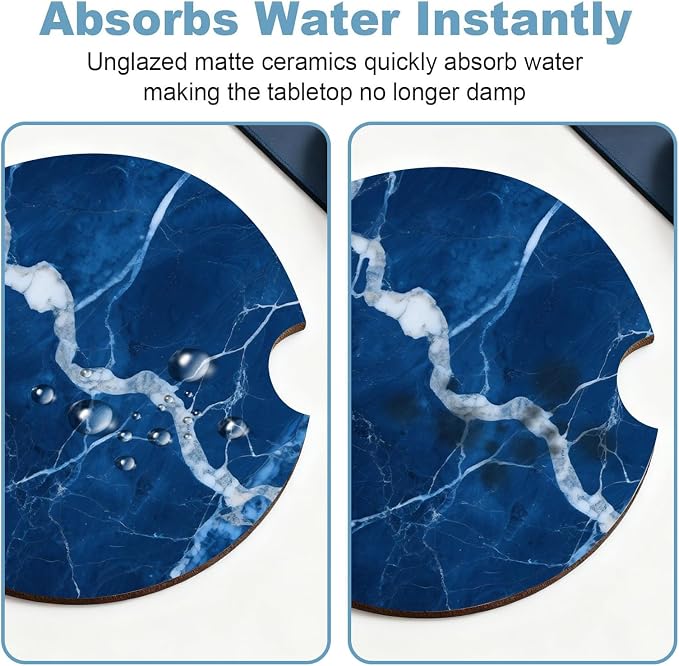 Car Cup Holder Coaster Set of 2, 2.56 in Ceramic Coasters, Scratch-Resistant Cork Backing, Finger Groove Design for Easy Placement, Cute Car Accessories Interior for Women (Dark Blue Marble)
