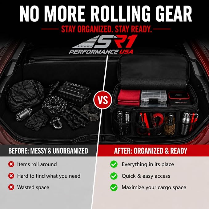 SR1 Performance USA C7 Corvette Trunk Organizer – Expandable Pop Up Collapsible Cargo Storage Caddy for 2014-2019 Chevrolet Corvettes – Black with Crossed Flags Logo