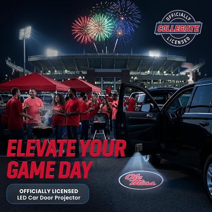 Sporticulture American Football Ole Miss Car Door Lights Logo Shadow Display - Officially Licensed NCAA Car Accessories - Show Your Team Pride - Battery Powered, Universal Fit
