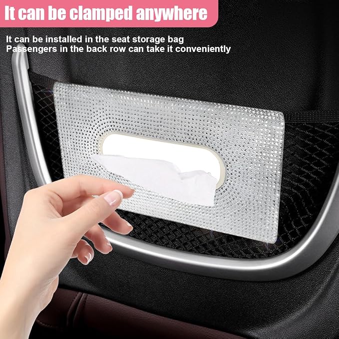 Bling Car Sun Visor Tissue Box Holder, PU Leather Auto Paper Towel Cover, Glitter Crystal Rhinestone Napkin Holder, Car Decoration Accessories for Women (Beige/White)