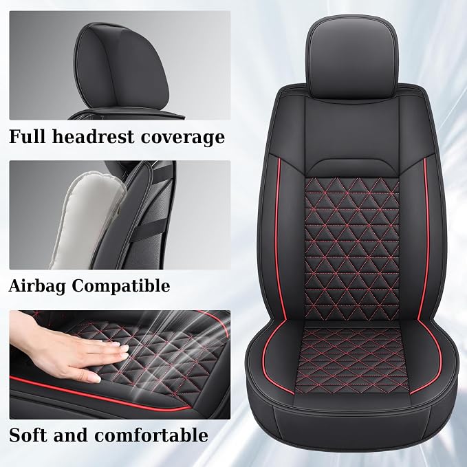 Coverado Leather Car Seat Covers, Waterproof Dooge Ram 1500 Seat Covers Compatible with 2002-2026 Dodge Ram 1500 2500 3500 with Flat Bench (Full Set, Black&Red line)