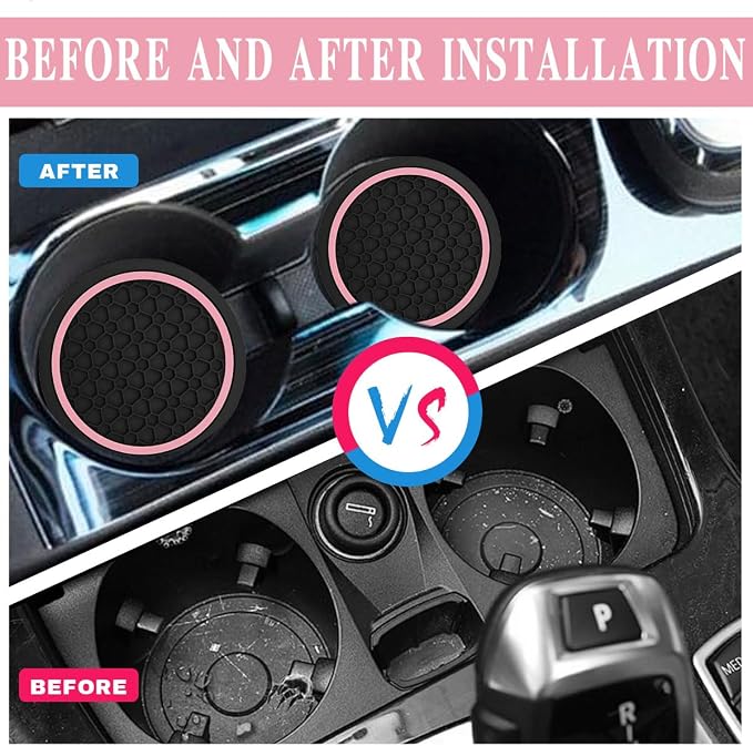 Car Cup Holder Coasters, Dustproof Automotive Interior Accessories Mat,2.75 Inch Non-Slip Insert Water Bottle Holder Pads, Universal for Vehicles, Trucks, RVs and More (Black/Pink, 4PCS)