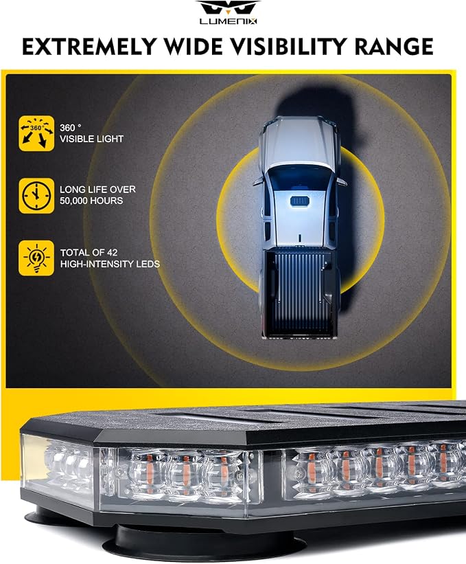 LUMENIX 42 LED Roof Top Strobe Beacon Light Bar, Patent Design, Blue | High Visibility Caution Light Bar with Controller Panel, for Construction Work Trucks Service Vehicles Tow Snow Plow