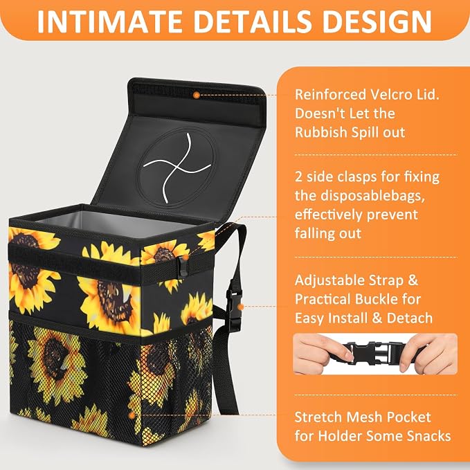 Vankor 3 Gallons Car Trash Can with Lid, Car Bag Bin Hanging Waterproof Automotive Garbage Cans Leak Proof Vehicle Trash Can Sunflower