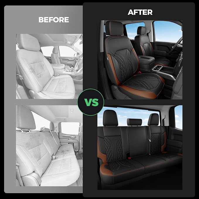 Truck Leather Seat Covers for Chevy Silverado Gmc Sierra 2019-2026 | Crew Cab 1500/2500/3500HD, Bucket Seat, NO Rear Seatback Storage, Scratch-resistant, Easy-clean, Pickup Protector, Full Set