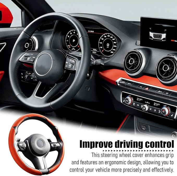 3PCS Car Steering Wheel Cover, 14.5-15" Breathable Nappa Leather Segmented Steering Wheel Protector with Non-Slip Grip, Stylish Auto Interior Decor Accessories, Universal for Vehicles (Orange)