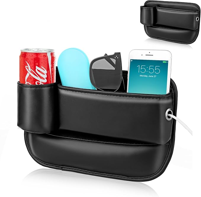 Universal PU Leather Car Seat Gap Filler Organizer with Cup Holder | Multi-Purpose Car Essentials Organizer with Phone, Keys, Card, Sunglasses and Small Items, Gifts for Car SUV Truck Owners