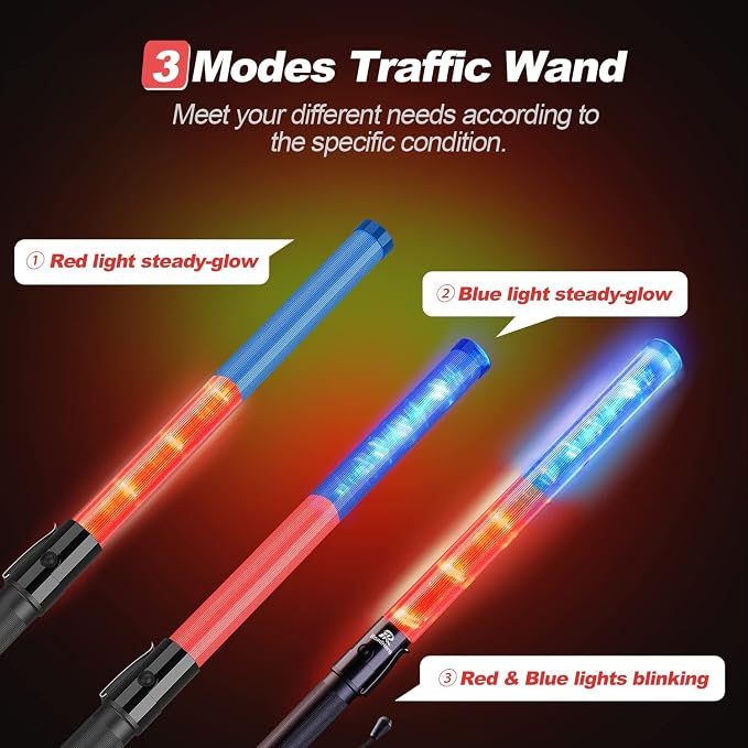 RoadHero 2 Pack 21 Inch Traffic Wand, Red and Blue | 3 Flashing Modes, Side Clip, Water-resistant IPX-4 rated, Lightweight, Using 2 C-Size Batteries (Not Included)