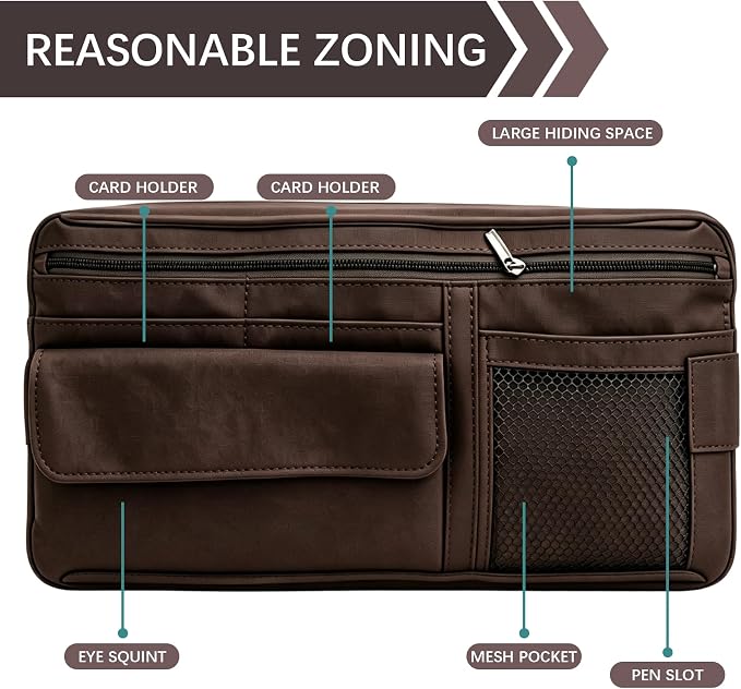 Car Sun Visor Organizer, Visor Accessories, Leather Sunvisor Pocket Organizer Case with Multi-Pocket Net Zipper, Waterproof Auto Sunshade Organizer Bag for Card Pen Sunglasses Document (Brown)