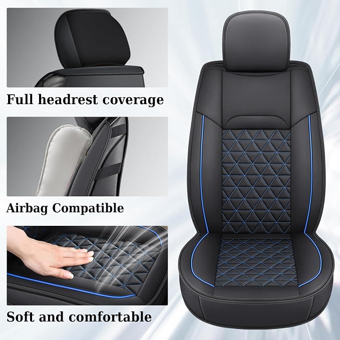 Coverado Ram Seat Covers Full Set, Waterproof Ram 1500 Seat Cover Compatible with 2002-2026 Dodge RAM 1500 2500 3500 Crew Quad Cab with Curved Bench, Black&Blue line