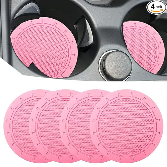 Cup Holder Coaster, 4 Pack 2.75 Inch Diameter PVC Non-Slip Universal Insert, Durable Car Accessory for Most Interiors, Suitable for Women and Men - Pink