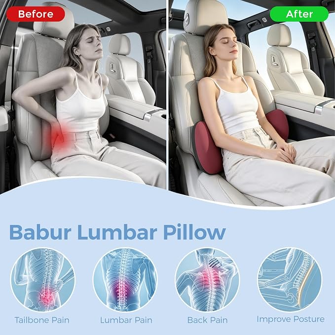 BEBAS Lumbar Support Pillow for Car, Memory Foam Back Cushion for Driving | Ergonomic Wing Wrapping, Back Pain Relief, Breathable Removable Cover, Softness, Universal Fit Car Seat, Office Chair