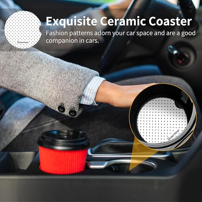 Cute Fashion Polka Dot Car Coasters 2 Pack for Cup Holders, 2.56 Inch Finger Notch Retro 70's Style Ceramics Heat Resistant Anti Slip Cork Base Car Drinks Coasters Auto Accessories-White