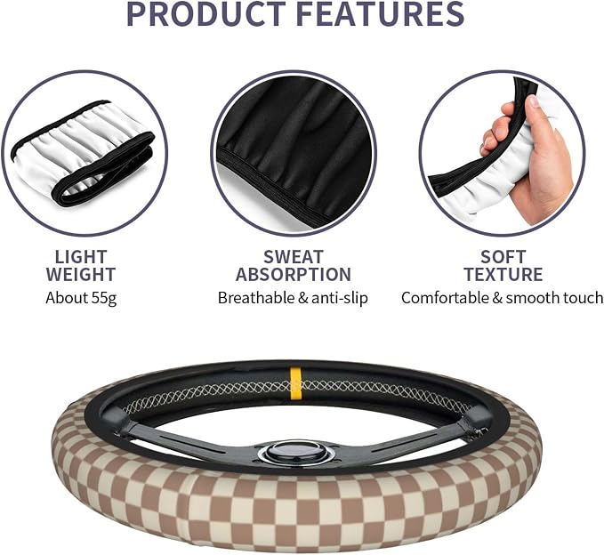Khaki Checkered Steering Wheel Cover - Khaki Checkered Racing Flag Brown Steering Wheel Cover Anti-Slip Breathable for 15 in Universal 2 Pcs Car Interior Cup Holder Pad for Men Women