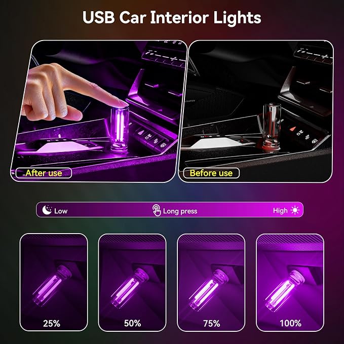 4 PCS USB Night Light Bulb,Touch Dimmable Retro Car Interior Ambient Light | Portable Glass Bottle Design Chubby Glow Light for Car, Truck , Bedroom, 2 Green and 2 Purple Ambient Lighting