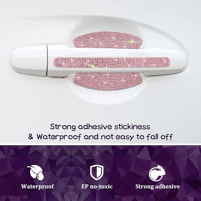 10PCS Car Door Handle Bling Rhinestones Stickers, Pink | Universal Auto Door Handle Safety Reflective Strips, Cute Things for Girl's Car