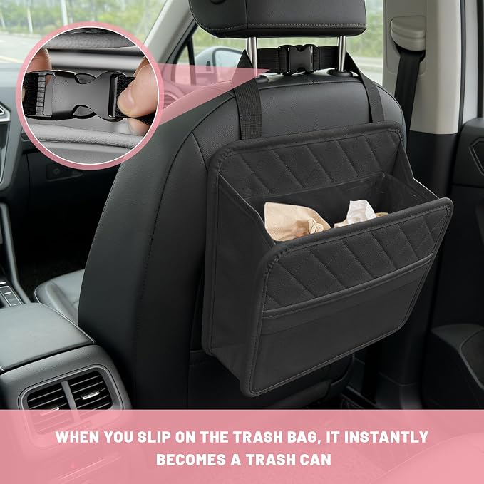 Car Seat Back Organizer, Waterproof Leather Auto Backseat Storage Pocket for Travel Essentials, Universal Multipurpose Backseat Hanging Storage Bag for Cars SUVs Trucks (Black)