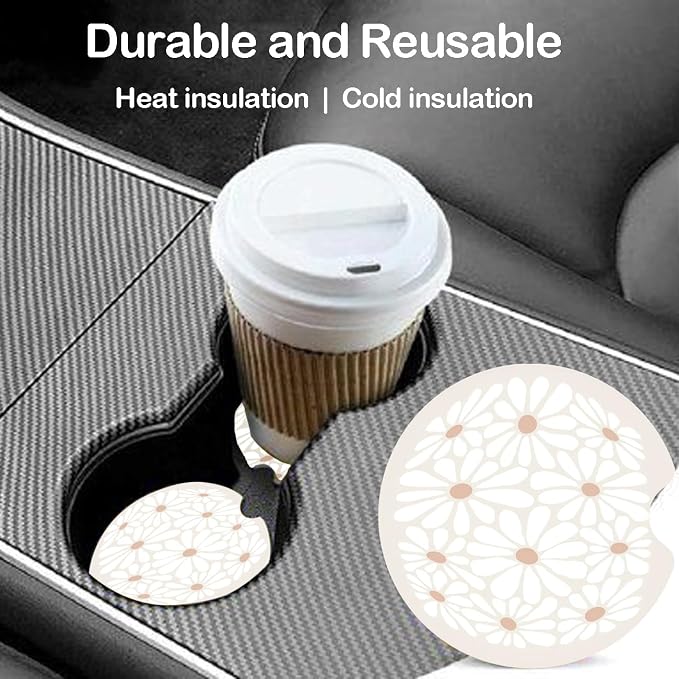 Ceramic Car Coasters – Absorbent Car Cup Holder Coaster Set for Women, Cute Aesthetic Car Accessories for Girls, 2 Pack (Almond Milk)