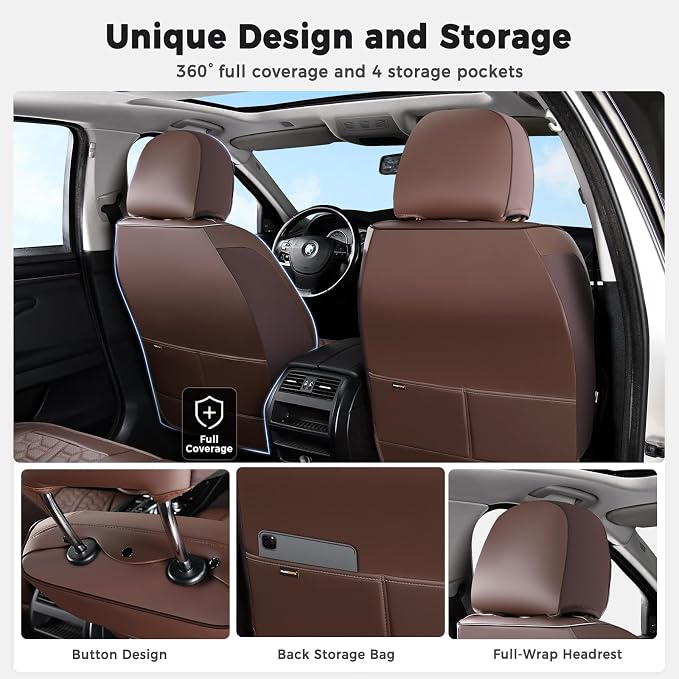Huidasource Coffee Front Seat Covers, Automotive Car Seat Cover, 360° Full Wrap Leather Seat Cushion Covers Protector with Lumbar Support Fit for Most Cars SUV Trucks