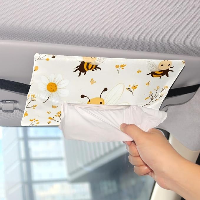 White Flower and bee Cartoon (2) Hang Paper Towel Holder Tissue Box Cover Tissue Holder for Car Home Office Desk