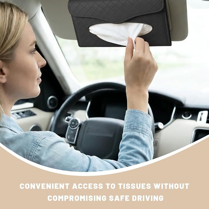 Car Tissue Holder, Auto Sun Visor Napkin Holder Hanging Paper Towel Dispenser with Tissue Refill, Easy Access Leather Paper Towel Storage Case for Most Vehicle Visors (Black)