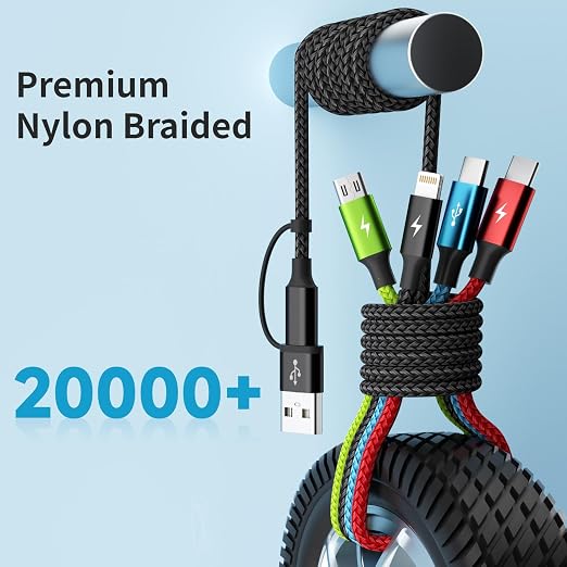 4 in 2 Multi Charging Cable, 3 Pack 5FT Charging Cord for Multiple Devices | USB C Charging Cable with Dual Type-C, IP & Micro Ports, Nylon Braided Multi Device Charger Cord for Travel and Car