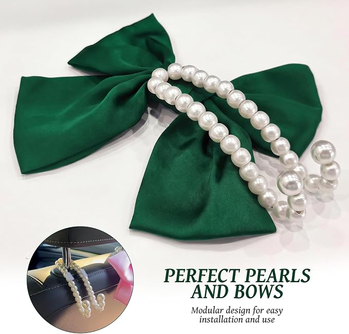 2 PCS Bow Pearl Car Seat Headrest Hook – Cute Purse Hook for Car, Girly Interior Decoration Accessories Hook Hanger, Seatback Holder for Purses & Bags, Elegant Car Organizer (Galactic Green)