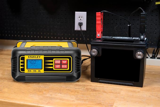 STANLEY BC40BS 15 Amp Battery Charger for Lithium or Lead Acid Batteries with 40 Amp Engine Start, Voltage and Alternator Check