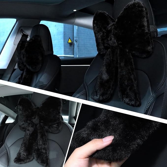 Macarrie 2 Pcs Black Car Neck Pillow Plush Butterfly Bow Car Headrest Pillow Comfortable Seat Neck Support Cute Head Rest Accessories for Driving Travel Driver Chair Girl Interior Decor(Solid)