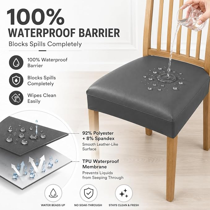 NILUOH Waterproof Seat Covers for Dining Room Chairs Set of 4, Stretch Chair Seat Slipcovers Dining Chair Cover Removable Washable Chair Protctor Cover, Rear Covers (Light Gray)