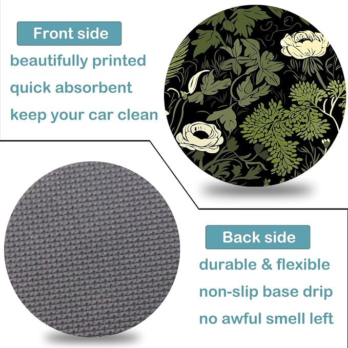 Car Cup Holder Coasters, 2 Pack – 2.75" Universal Auto Anti-Slip Insert Coaster, Rubber Car Coasters, Personalized Car Accessories for Women (Sage Green Floral and Plant)