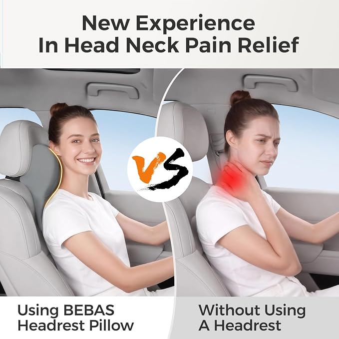 BEBAS Car Headrest Pillow, Ergonomic Memory Foam Car Neck Pillow for Driving, Neck Support Pillow with Breathable Removable Cover, Headrest Support Cushion for Pain Relief, Fits All Vehicles(Gray)