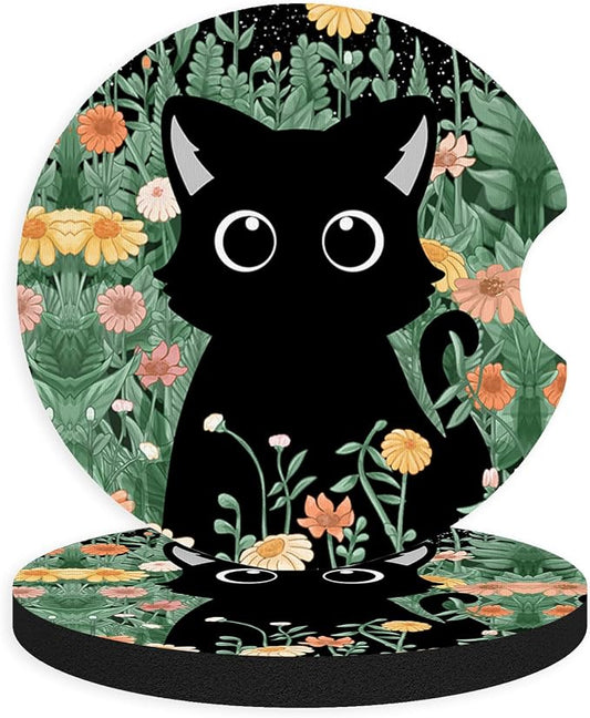 2pcs Cute Black Cat Car Coasters,Absorbent Universal neoprener Cup Holder Coasters with a Finger Notch,Car Accessories for Women&Man Interior，2.75" 3