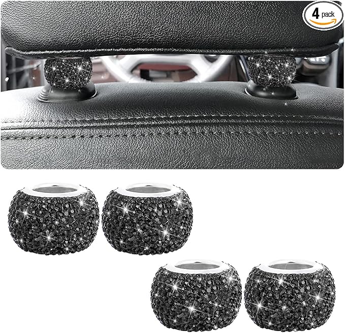 BELOMI 4 Pack Car Headrest Collars, Bling Car Head Rest Collars Rings Decor, Rhinestone Car Head Rest Collars, Diamond Interior Car Seat Accessory (Black)
