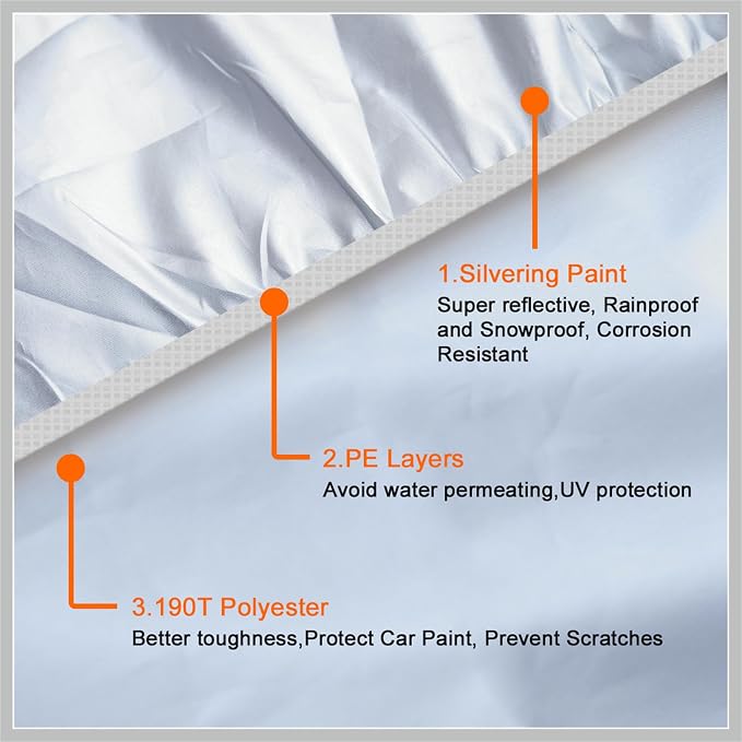 3XL Silver Tone 190T Car Cover Outdoor Weather Waterproof Scratch Rain Snow Heat Resistant W Mirror Pocket 490 x 180 x 160cm Replacement Car Parts