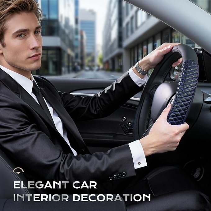 Coverado Car Steering Wheel Cover, Nappa Leather Black & Blueline Steering Wheel Covers, Universal 14-15 inch, Anti-Slip, Breathable Steering Wheel Protector for Women Men