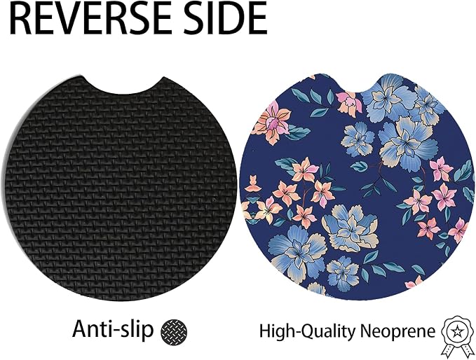 2pcs Cute Blue Flowers Car Coasters,Absorbent Universal neoprener Cup Holder Coasters with a Finger Notch,Car Accessories for Women&Man Interior，2.75" 9