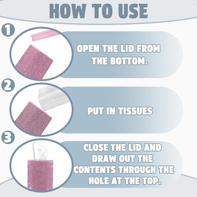 Bling Car Tissue Holder for Cup Holder – Sparkly Rhinestone Round Tissue Dispenser with 1 Pack Tissues – Fits Standard Auto Cup Holders – Stylish Car Interior Accessory for Women(Pink)