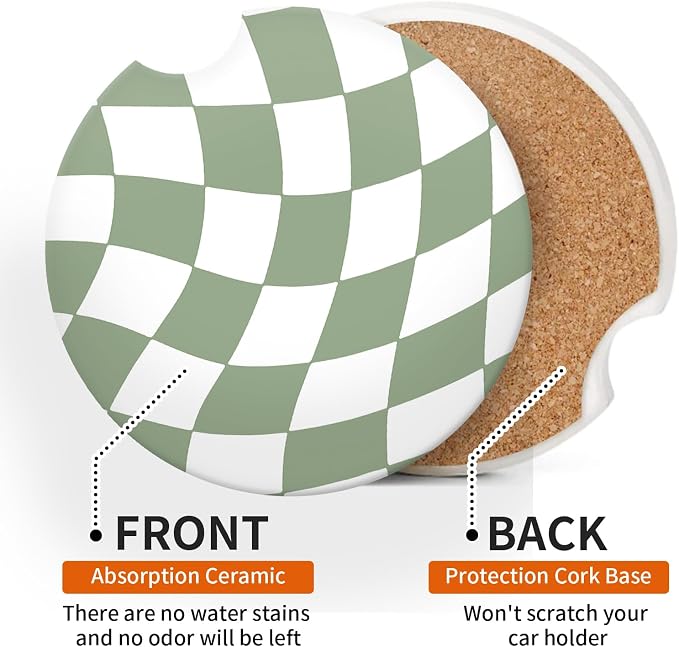 Wave Sage Green Checkerd Car Coasters for Cup Holder Absorbent Ceramic Cup Coaster 2 Pack Anti Slip Car Interior Accessories with Finger Notch Cork Base for Women Men 2.56"