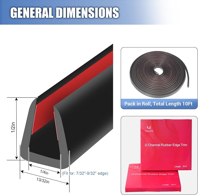 Rubber Edge Trim, Flexible Baby Proof Edge Protector, 1/4"(6mm) U Channel Edge Trim, Self-Adhesive Edge Guards for Plywood, Glass, Flexi-Glass, 10Ft, Black Color