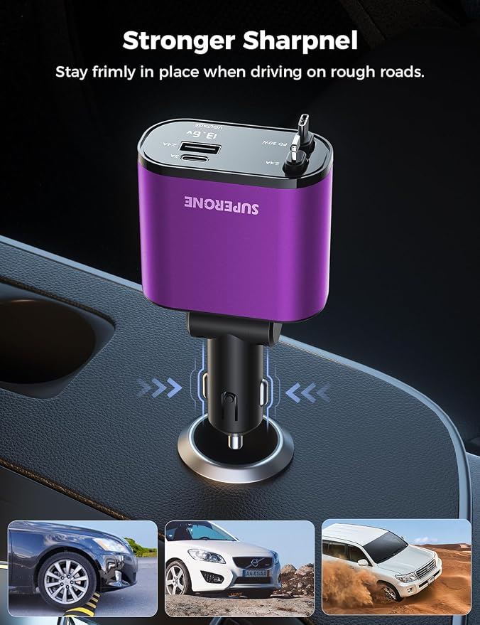 SUPERONE [Upgraded] Retractable Car Charger 4 in 1 Fast Car Phone Charger | USB C and Apple Multi Car Adapter with Cord 2.6ft, Compatible with iPhone 17 16 15/15 Pro Max/14/13/12/11, Galaxy, Pixel