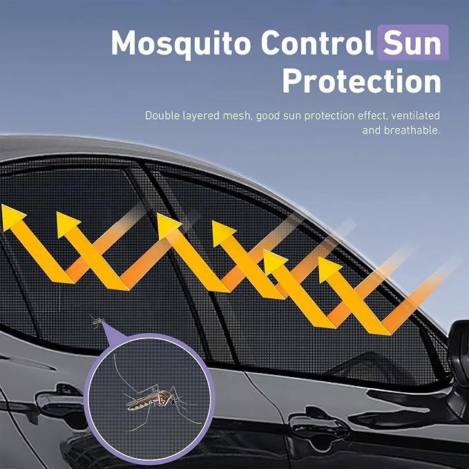 4PCS Car Window Shades, Mesh Side Window Sun Shade, Stretchy Front Rear Window Screen Covers, Breathable Mesh Sunshade for Camping, Heat Block Anti-UV Rays, Privacy, Universal for Sedan (CAR)