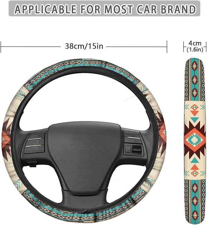 Wanyint Southwest Aztec Beige Cyan Auto Steering Wheel Cover for Women Men, Universal 15 Inch Soft Elastic Steering Wheel Wrap Anti-Slip Easy to Install Car Accessories