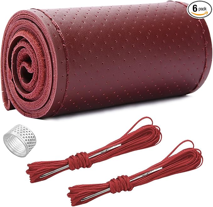 Ziciner Genuine Leather Steering Wheel Cover, Stitch on Wrap, Breathable Anti-Slip Car Steering Wheel Protector for Max Diameter 15 Inch, DIY Sewing with Needles Thread (Wine Red, Hole)