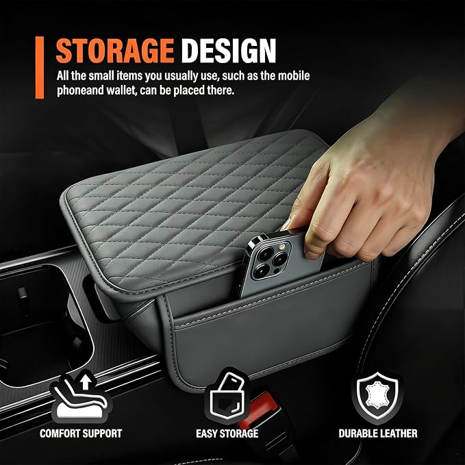 Center Console Cover with 2 Storage Bags, Universal Arm Cover for Car Pad Middle Console Cover, Scratch-Resistant & Waterproof, Easy to Clean - Grey