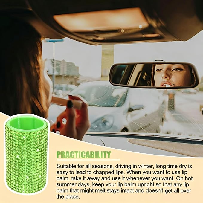 Upright Car Chapstick Holder, Bling Insulating Lip Balm Holder,Rhinestone Car Accessories for Women Interior ,Suitable for Most Vehicles. (Green)